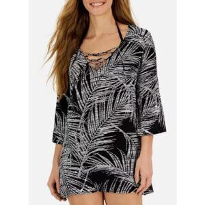 J. Valdi NWT Flowy Black & White Leaf Print Lace Up Swim Cover Up Women's Size S